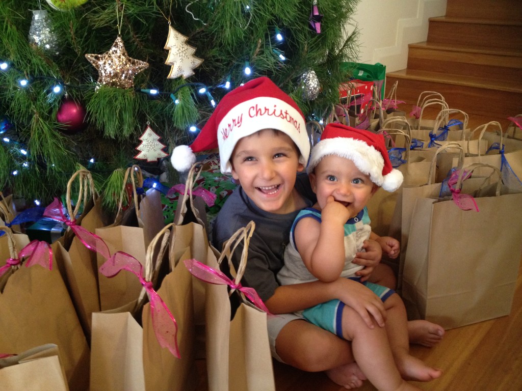 Connor and Lucas with the 2013 Christmas gifts for NICU.